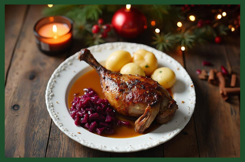 Teller mit Gänsekeule, Rotkohl und Kartoffeln